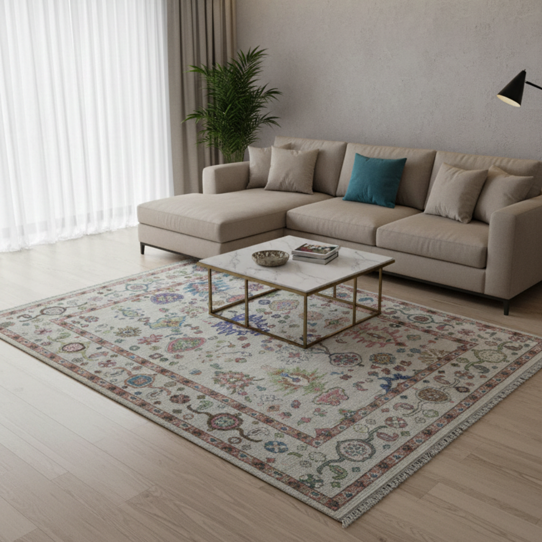 Viraaj_14 Hand-Knotted Oushak Style Oatmeal Color | Timeless Floral Design